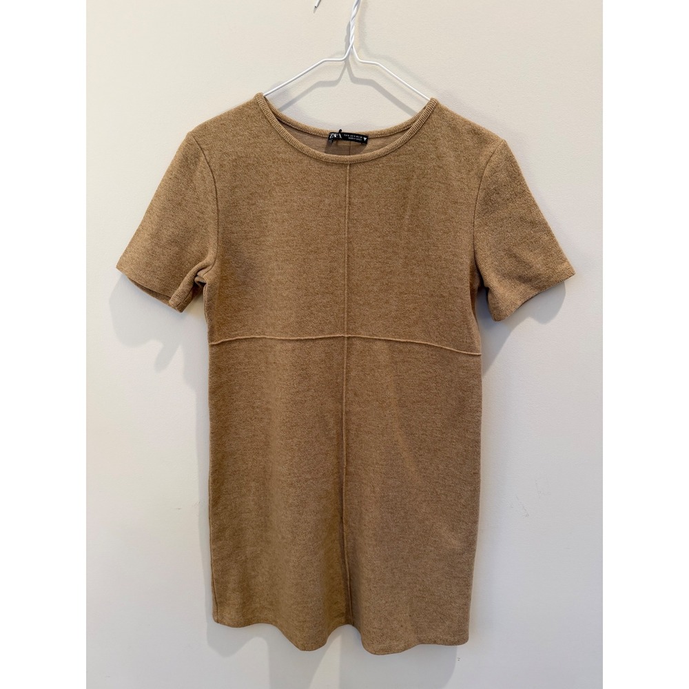 Zara Women Brown Short Sleeve Knit Mini Dress Exposed Seam Size S